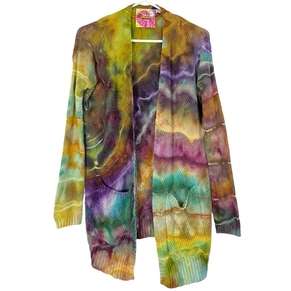 Hand Crafted Sweaters - Handmade Ice Tie Dye Cardigan Sweater Womens Size XS Small Rainbow Multicolor
